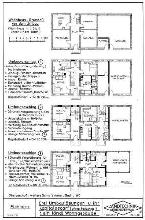 Drei Umbaulösungen u. ihr Kapitalbedarf (ohne Heizung) f. einländliches Wohngebäude