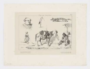 Skizzenblatt mit Reiher, Fuchs und Pferd, zwei Männern und einem Mädchen, Blatt 50 der Folge "Croquis par divers artistes"