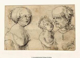 Brustbilder einer Frau (links) und eines Alten, an den sich ein nacktes Kind schmiegt