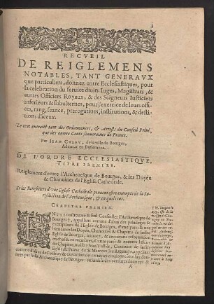 Recueil de reiglemens... Titre premier.