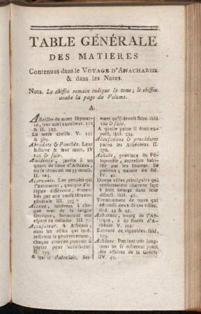Table Générale Des Matieres Contenues dans le Voyage D'Anacharsis & dans les Notes.