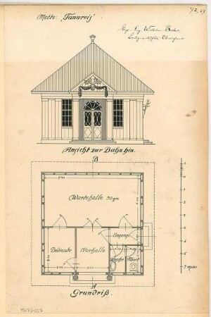 Wartehalle Monatskonkurrenz Februar 1908: Grundriss, Aufriss Vorderansicht; Maßstabsleiste