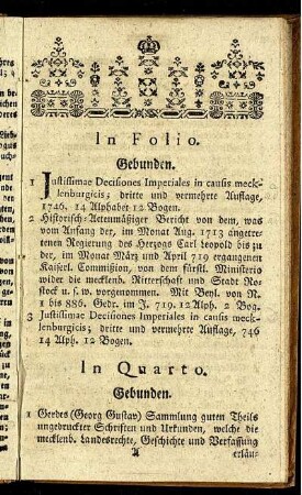 In Folio. Gebunden. - In Octavo. Gebunden.
