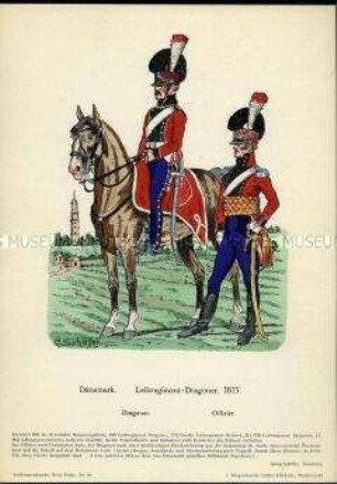 Uniformdarstellung, Gemeiner und Offizier des Leib-Dragoner-Regiments, Königreich Dänemark, 1813.