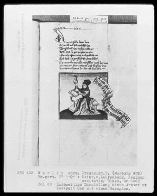 Heinrich von Laufenberg, Regimen sanitatis, deutsch — Arzt am Lesepult mit Uringlas, Folio 60recto