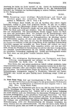 375, Seelow. Sammlung neuer wichtiger Entscheidungen auf Grund des Gesetzes gegen den unlauteren Wettbewerb. 1913