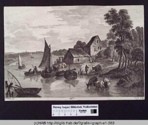 Landschaft mit Fluss, Schiffen und Vieh.