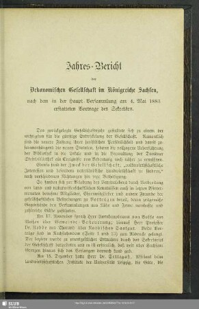 Jahres-Bericht der Oekonomischen Gesellschaft im Königreiche Sachsen, nach dem in der Haupt-Versammlung am 4. Mai 1883 erstatteten Vortrage des Sekretärs