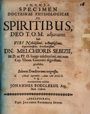 Specimen Doctrinae Physiologicae De Spiritibus