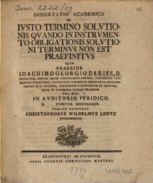 Diss. acad. de iusto termino solutionis quando in instrumento obligationis solutioni terminus non est praefinitus