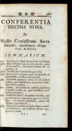 Conferentia Decima Nona. De Sigillo Confessionis Sacramentalis, ejusdémque obligatione, & Materia