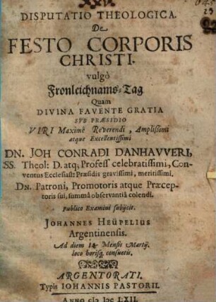 Disp. theol. de festo Corporis Christi, vulgo Fronleichnams-Tag