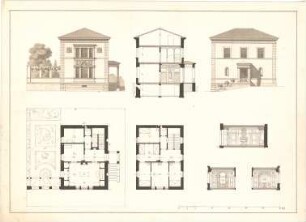 Bühlmann, Josef; Haus erhöht zur Straße - Grundrisse, Ansichten, Querschnitt, Schnitte