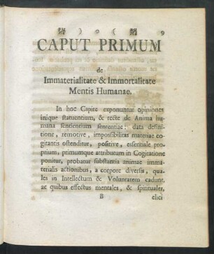 Caput Primum de Immaterialitate & Immortalitate Mentis Humanae