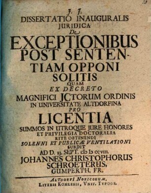 Dissertatio inauguralis iuridica de exceptionibus post sententiam opponi solitis