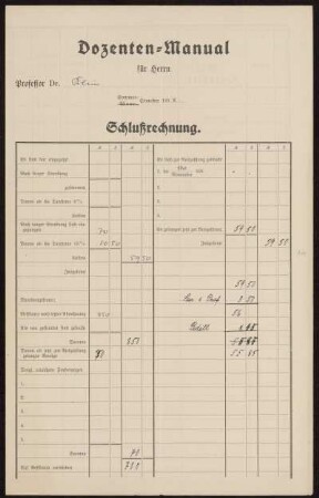Dozenten-Manual für Herrn Professor Dr. Klein Sommer-Semester 1918. Schlußrechnung.