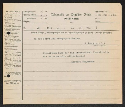 Brief von Gerhart Hauptmann an Robert Büchting an Liegnitz / Regierung