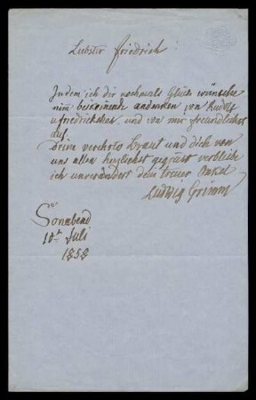Brief von Ludwig Emil Grimm an Friedrich Hassenpflug