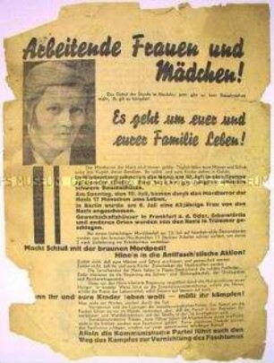 Programmatischer Wahlaufruf der Kommunistischen Partei Deutschlands zur Reichstagswahl an die arbeitenden Frauen und Mädchen zur Antifaschistischen Aktion gegen den "Nazi-Mordterror"
