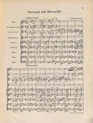 Serenade alla Barcarolle : für Streichorchester, 1 Flöte, 2 Clar., 2 Corni u. Glocken ; op. 4