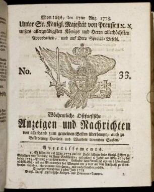 No. 33. Montags, den 17ten Aug. 1778.
