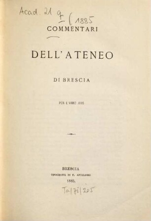 Commentari dell'Ateneo di Brescia. 1885