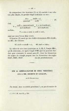 Sur la généralisation de deux théorèmes dux a mm. hermite et catalan.