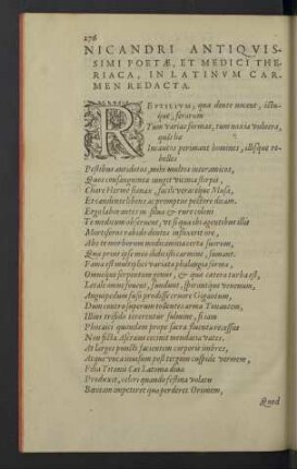 Nicandri Antiquissimi poetae, et medici theriaca, in latinum Carmen radacta.