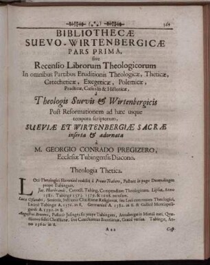 Bibliothecæ Suevo-Wirtenbergicæ Pars Prima, Sive Recensio Librorum Theologicorum ...