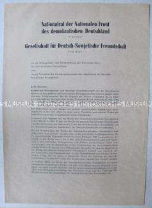 Rundschreiben der Präsidenten der Nationalen Front und der DSF an die Basisorgansationen zur "Woche der Deutsch-Sowjetischen Freundschaft" 1964