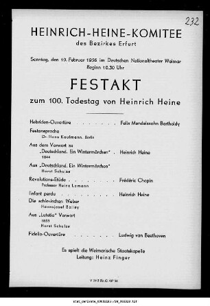 Festakt zum 100. Todestag von Heinrich Heine