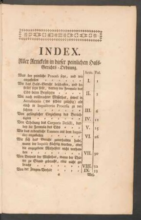 Index. Aller Artickeln in dieser peinlichen Hals-Gerichts-Ordnung.