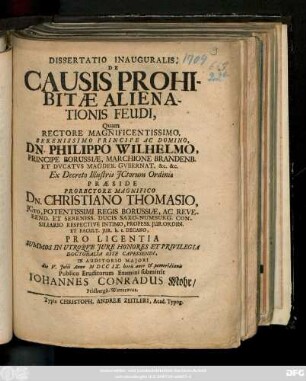 Dissertatio Inauguralis, De Causis Prohibitæ Alienationis Feudi