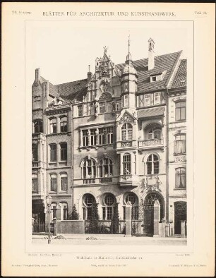 Wohnhaus Emilienstraße, Hannover: Ansicht (aus: Blätter für Architektur und Kunsthandwerk, 12. Jg., 1899, Tafel 62)