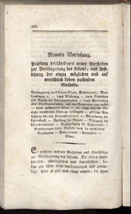 Neunte Vorlesung. Prüfung verschiedener neuer Methoden zur Verlängerung des Lebens, und Festsetzung der einzig möglichen und auf menschlich Leben passenden Methode.