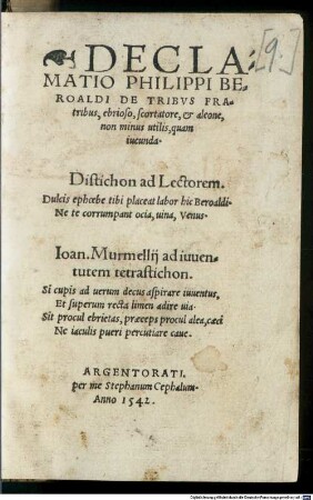 Declamatio Philippi Beroaldi de tribus fratribus, ebrioso, scortatore et lusore