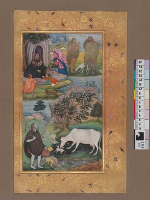 Illustration: Vier Miniaturen: Eremit, besucht von einer Frau, einem Kind und einem Asketen (oben links), Zwei Pilger mit Hund (oben rechts), Pilger mit Hund (unten links), Kuh mit Kalb (unten rechts)