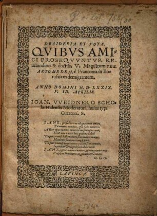 Desideria et vota, quibus amici prosequuntur ... magistrum S. Artomeden