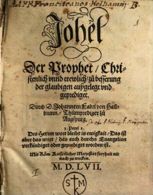 Johel Der Prophet, Christenlich vnnd trewlich, zu besserung der glaubigen außgelegt vnd geprediget