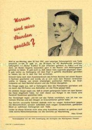 Propagandaflugblatt der VVN zur Verurteilung eines ehemaligen SS-Wachmannes aus dem KZ Buchenwald