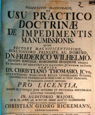 Diss. inaug. de usu practico doctrinae de impedimentis manumissionis