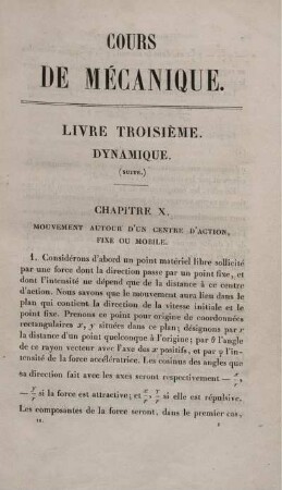 Cours de Mécanique. Livre Troisième. Dynamique.