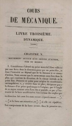 Cours de Mécanique. Livre Troisième. Dynamique.