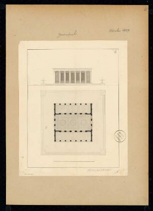 Gartensaal Monatskonkurrenz Oktober 1827: Grundriss Erdgeschoss, Aufriss Vorderansicht; Maßstabsleiste