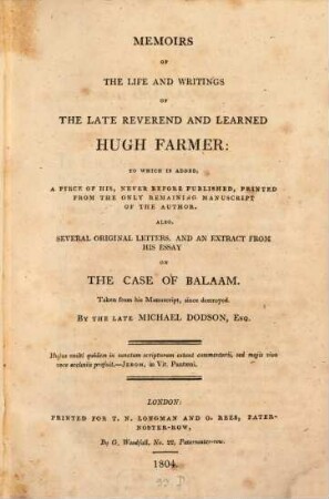 Memoirs of the life and writings of the Rev. Hugh Farmer