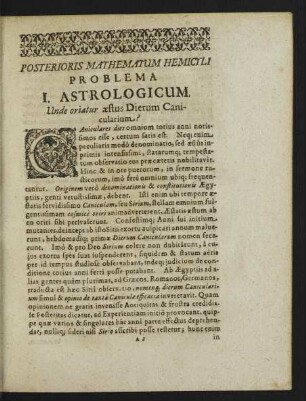 Posterioris Mathematum Hemicyli Problema I. Astrologicum. Unde oriatur aestus Dierum Canicularium?