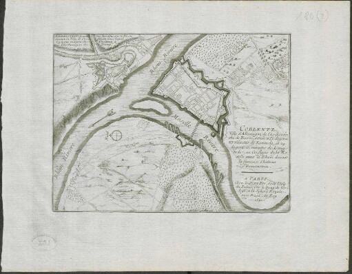 Coblentz : Ville d'Alemagne, de l'Archevéché de Treves, Située a 50. degrez 23. minutes de Latitude, et 29. degrez. 10 minutes de Longitude, au Conflans de la Moselle avec le Rhein devant le fameux Chateau d'Ermanstein ; Avec Privil. du Roy