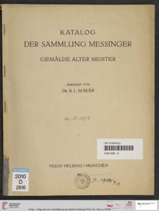 Katalog der Sammlung Messinger : Gemälde alter Meister