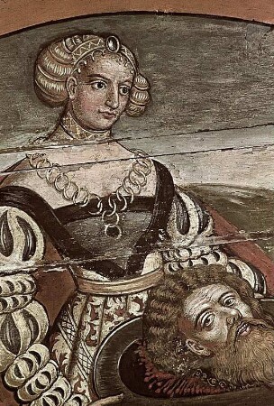 Historische Szene; Lünette: Salome mit dem Kopf des Johannes
