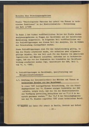 Psychologische Faktoren der Arbeit von Frauen in technischen Funktionen in der Elektroindustrie : Studie (Fortsetzung aus Heft 3/1968)